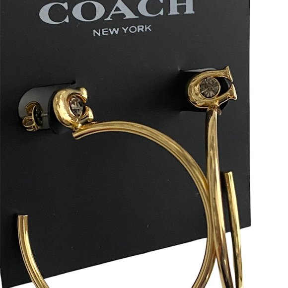 AUTH NEW Coach Gold Signature 1.5" Hoop Earrings with Crystal on Card w/Dust Bag - Picture 7 of 8